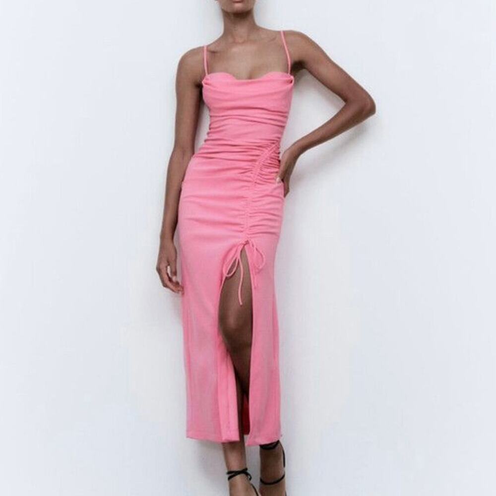 ZARA Pink Ruched Side Slit Midi Dress NWT Size M